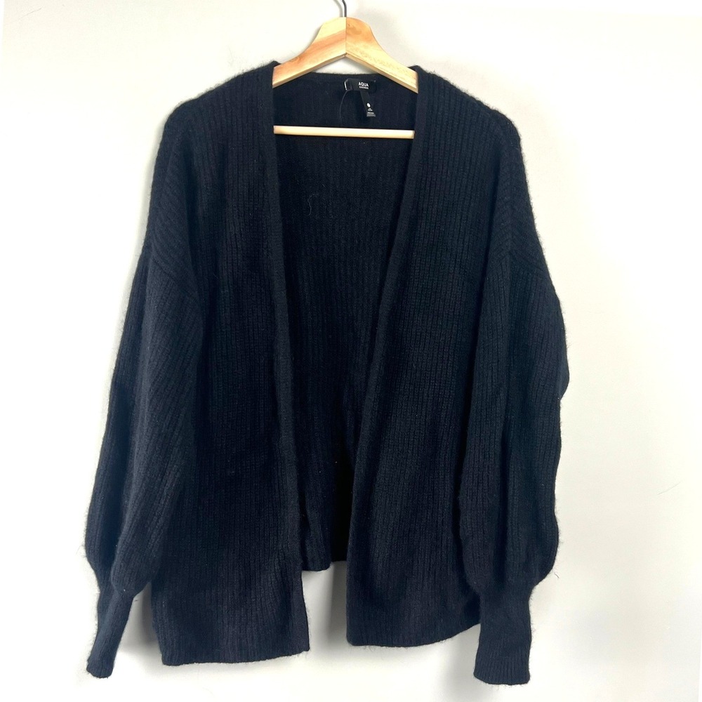 Aqua Cashmere Womens Black Ribbed Open Front Balloon Sleeve Cardigan L Cozy Chic